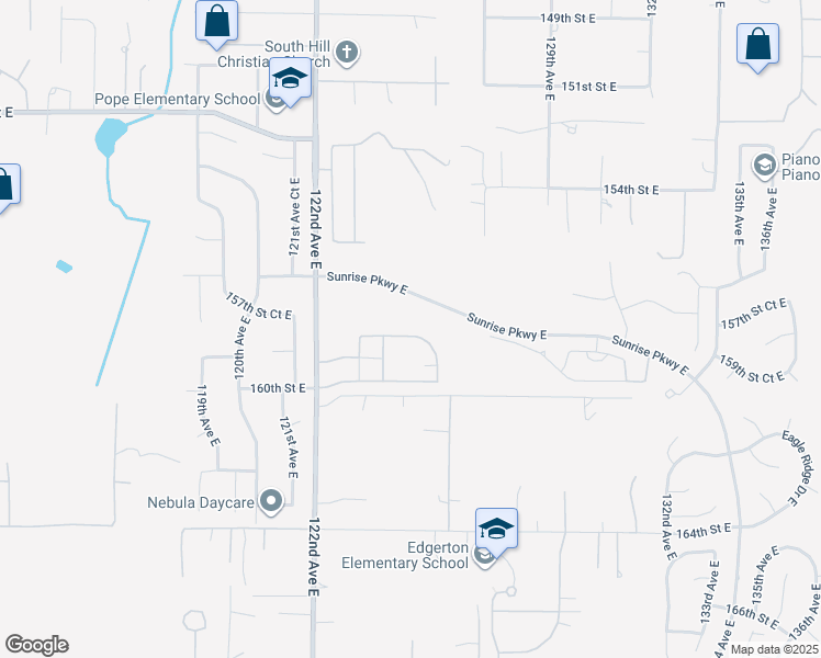 map of restaurants, bars, coffee shops, grocery stores, and more near 12419 158th Street Court East in Puyallup