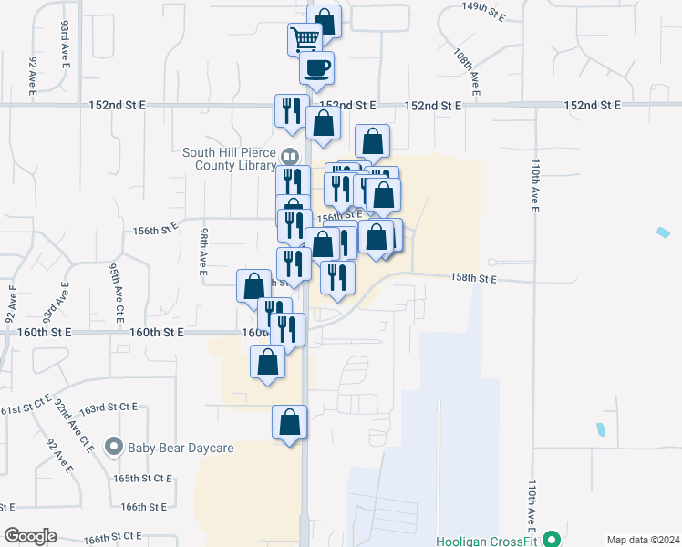map of restaurants, bars, coffee shops, grocery stores, and more near 10302 156th Street East in Puyallup