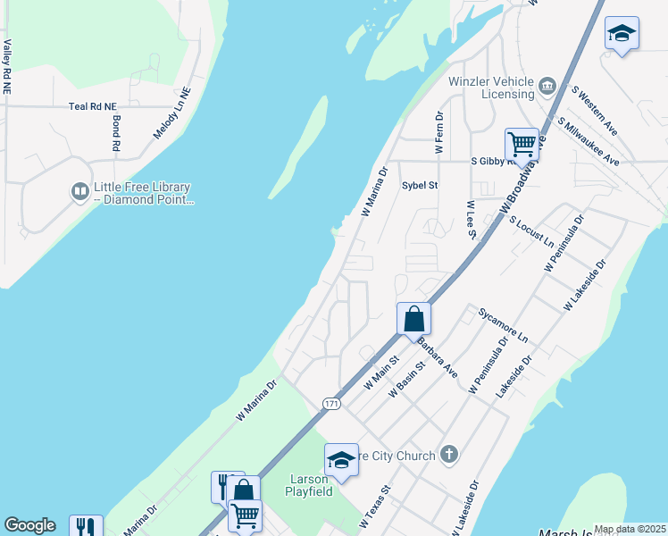 map of restaurants, bars, coffee shops, grocery stores, and more near 1910 West Marina Drive in Moses Lake