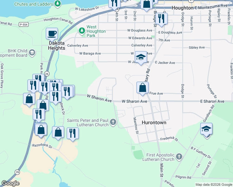 map of restaurants, bars, coffee shops, grocery stores, and more near 700-898 Cedar Bluff Drive in Houghton