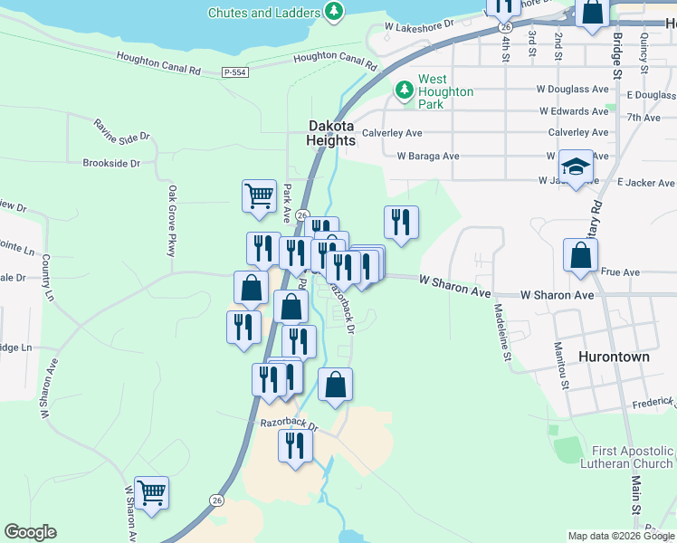 map of restaurants, bars, coffee shops, grocery stores, and more near West Sharon Avenue in Houghton