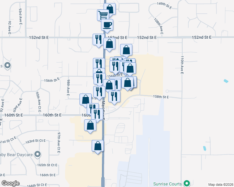 map of restaurants, bars, coffee shops, grocery stores, and more near 10302 156th Street East in Puyallup