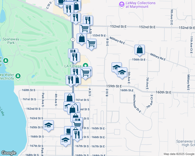 map of restaurants, bars, coffee shops, grocery stores, and more near 106 158th Street East in Tacoma
