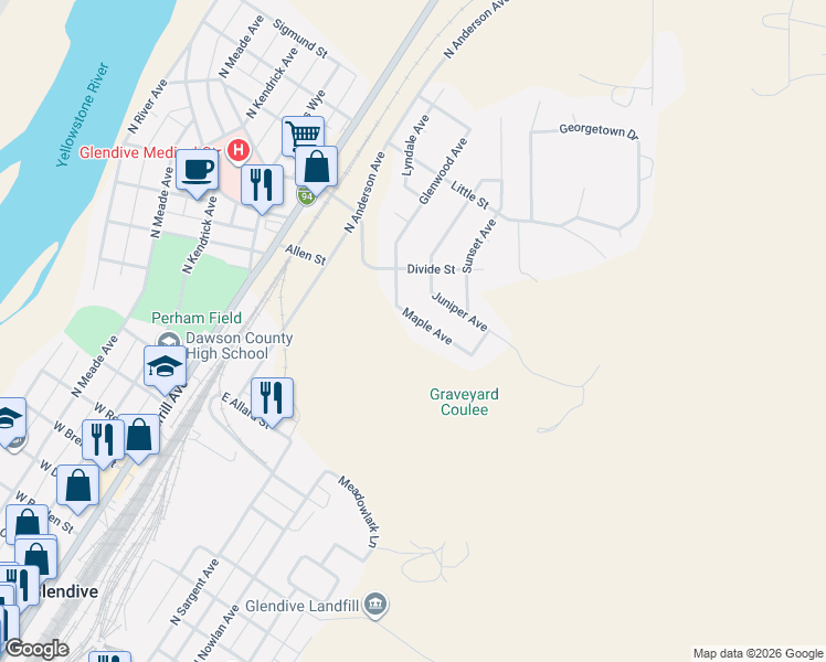 map of restaurants, bars, coffee shops, grocery stores, and more near 123-127 Maple Avenue in Glendive
