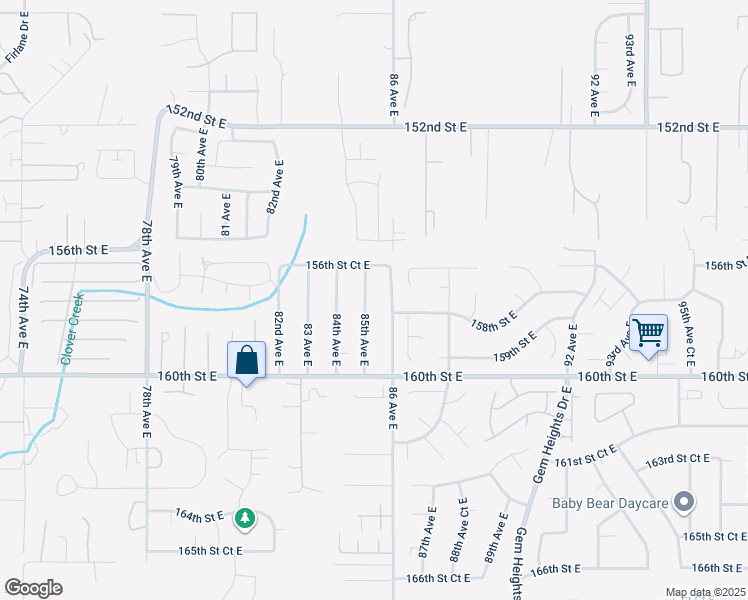 map of restaurants, bars, coffee shops, grocery stores, and more near 15713 85th Avenue East in Puyallup