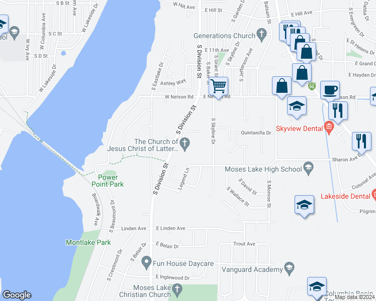 map of restaurants, bars, coffee shops, grocery stores, and more near 1515 South Division Street in Moses Lake