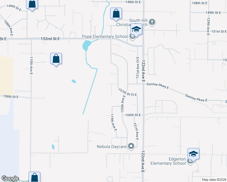 map of restaurants, bars, coffee shops, grocery stores, and more near 15723 118th Avenue Court East in Puyallup