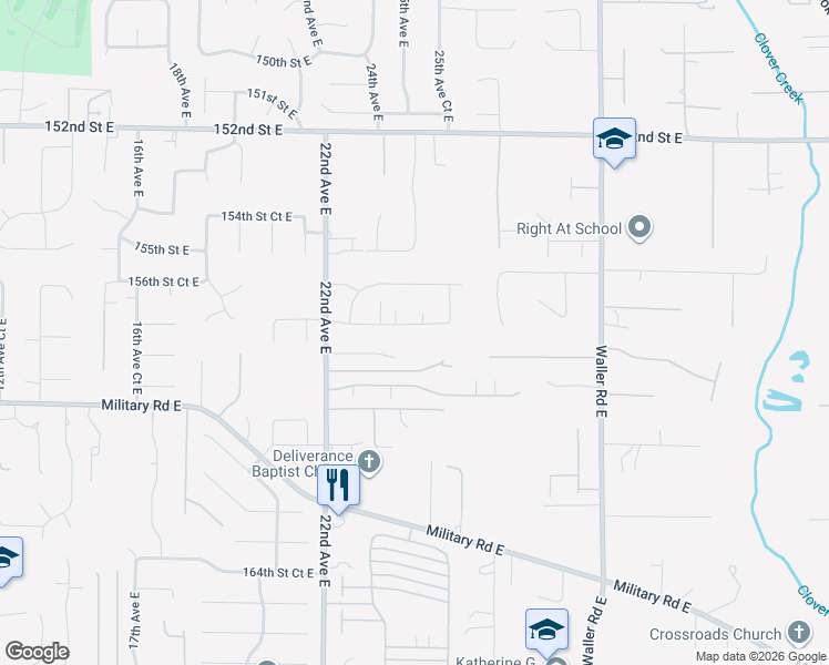 map of restaurants, bars, coffee shops, grocery stores, and more near 2408 157th Street Court East in Tacoma