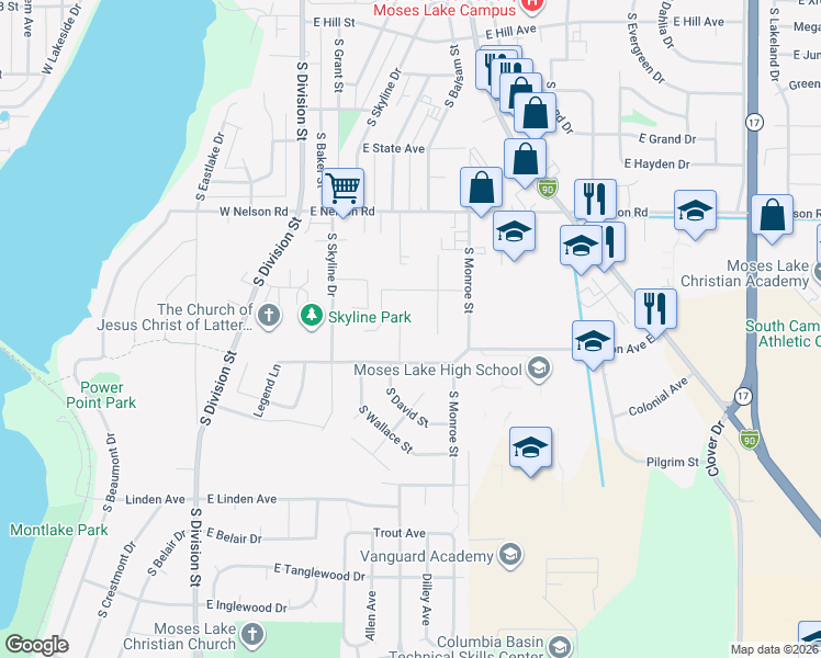 map of restaurants, bars, coffee shops, grocery stores, and more near 507 East Grace Taylor Street in Moses Lake