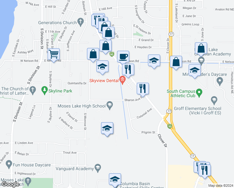 map of restaurants, bars, coffee shops, grocery stores, and more near 816 Sharon Avenue East in Moses Lake