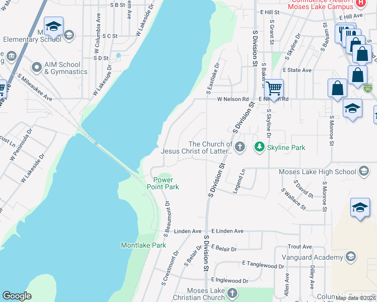 map of restaurants, bars, coffee shops, grocery stores, and more near 1552 South Bailey Avenue in Moses Lake