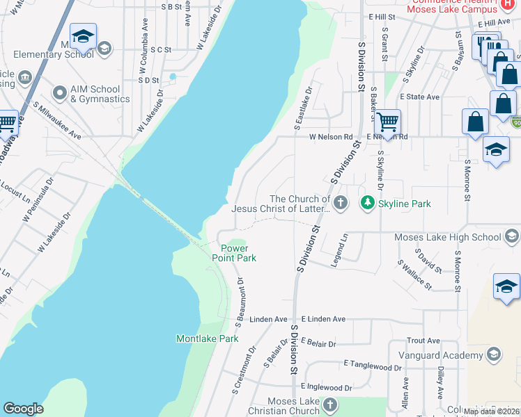 map of restaurants, bars, coffee shops, grocery stores, and more near 1552 South Bailey Avenue in Moses Lake
