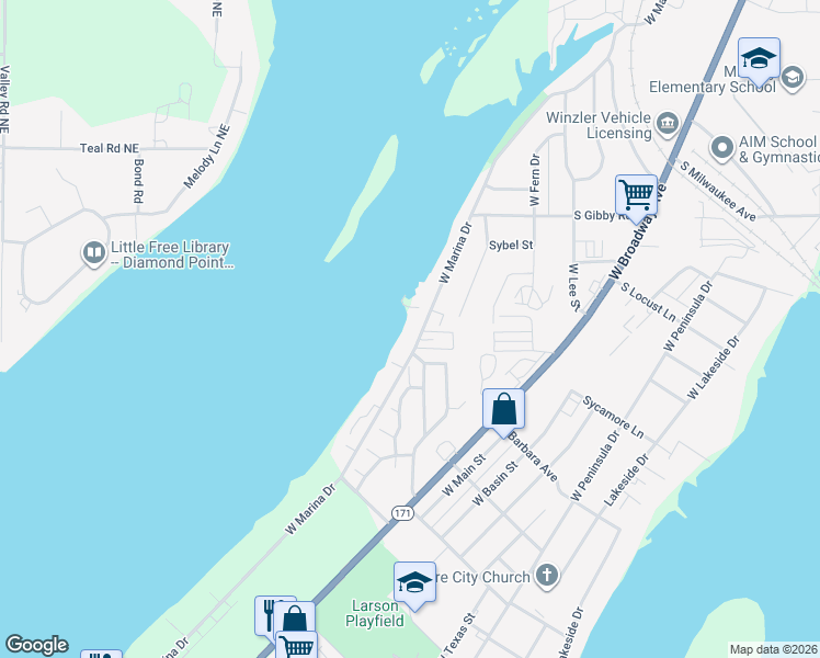 map of restaurants, bars, coffee shops, grocery stores, and more near 1910 West Marina Drive in Moses Lake