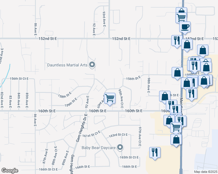 map of restaurants, bars, coffee shops, grocery stores, and more near 9401 157th Street East in Puyallup