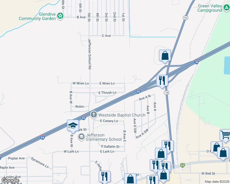 map of restaurants, bars, coffee shops, grocery stores, and more near 908 East Thrush Lane in Glendive