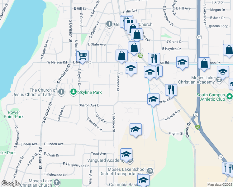map of restaurants, bars, coffee shops, grocery stores, and more near 1508 S Monroe St in Moses Lake