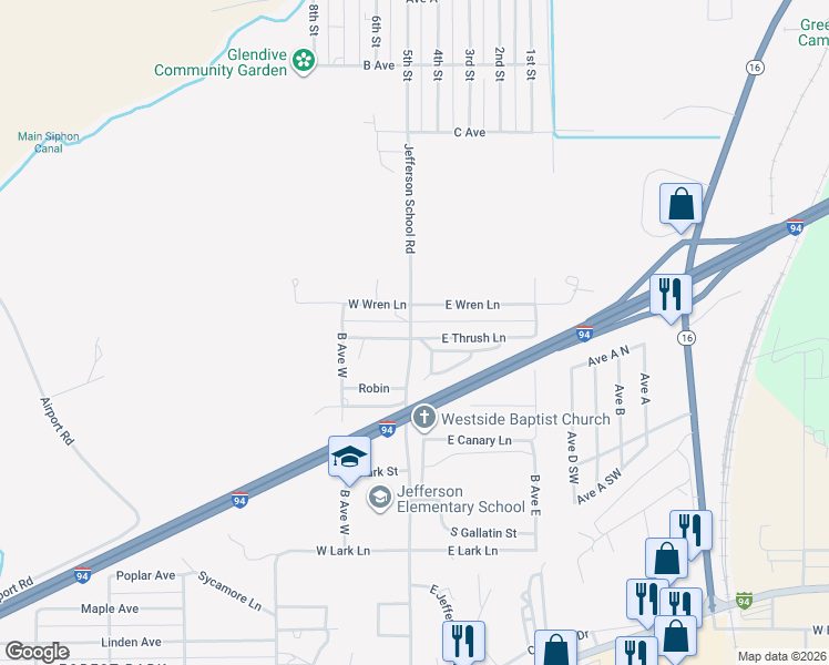 map of restaurants, bars, coffee shops, grocery stores, and more near 804 East Thrush Lane in Glendive