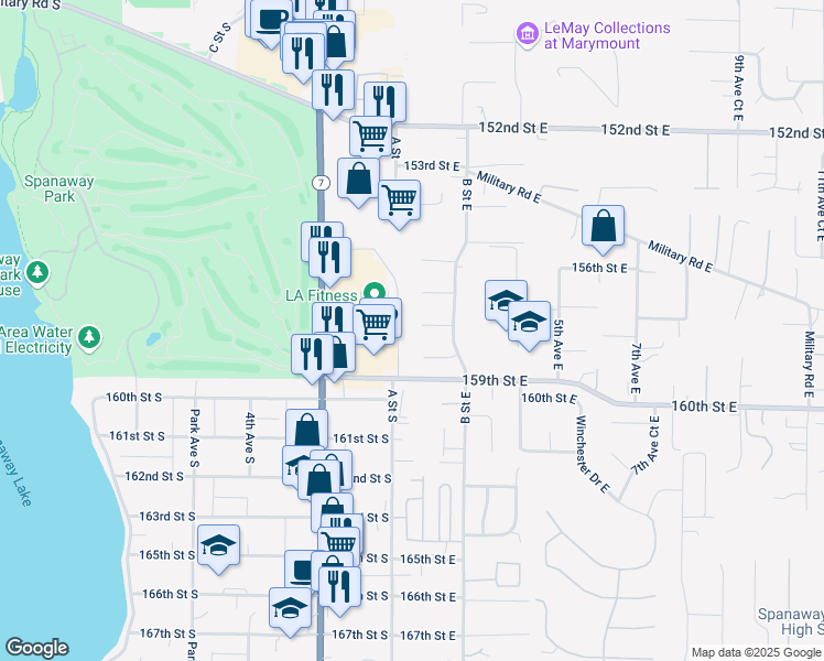 map of restaurants, bars, coffee shops, grocery stores, and more near 106 158th Street East in Tacoma