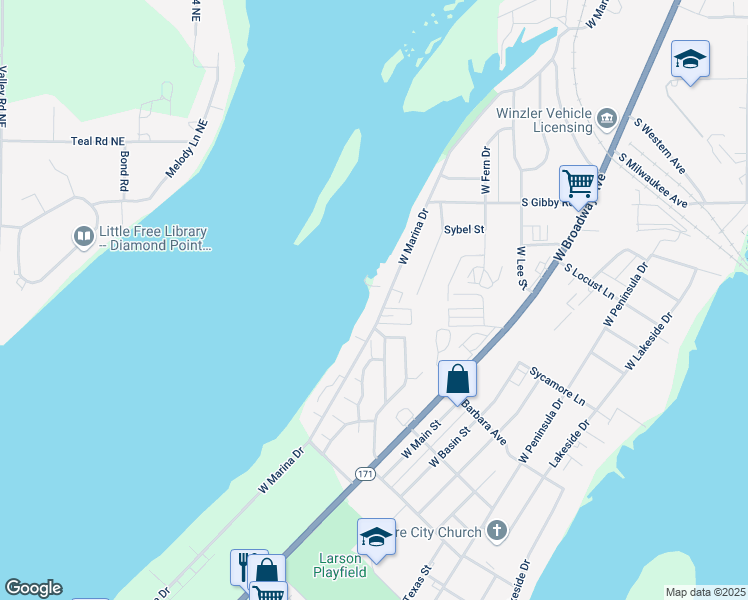 map of restaurants, bars, coffee shops, grocery stores, and more near 1910 West Marina Drive in Moses Lake