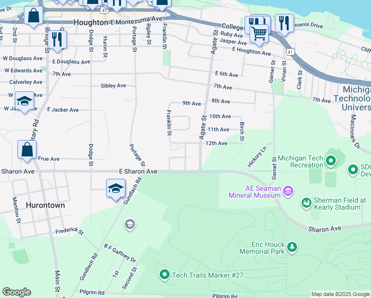 map of restaurants, bars, coffee shops, grocery stores, and more near 1204 Diamond Avenue in Houghton