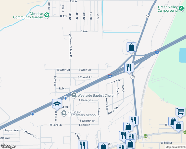 map of restaurants, bars, coffee shops, grocery stores, and more near 908 East Thrush Lane in Glendive