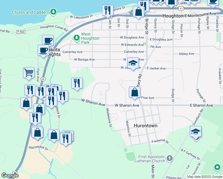map of restaurants, bars, coffee shops, grocery stores, and more near 700-898 Cedar Bluff Drive in Houghton