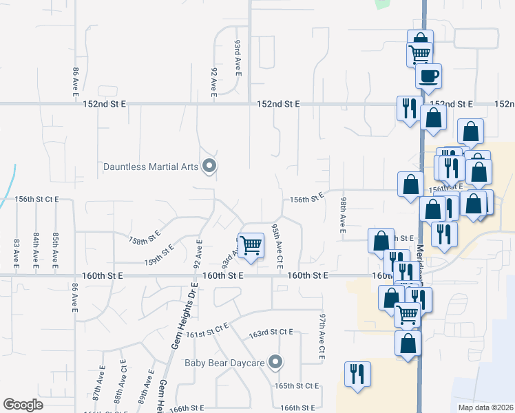 map of restaurants, bars, coffee shops, grocery stores, and more near 9401 157th Street East in Puyallup