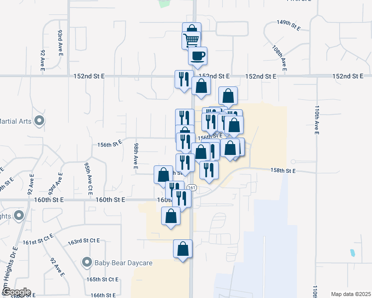map of restaurants, bars, coffee shops, grocery stores, and more near 15614 Meridian Avenue East in Puyallup
