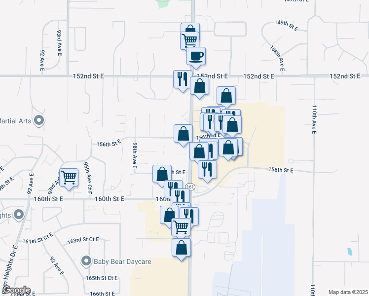 map of restaurants, bars, coffee shops, grocery stores, and more near 15614 Meridian Avenue East in Puyallup