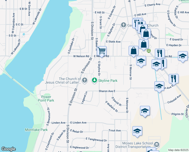 map of restaurants, bars, coffee shops, grocery stores, and more near 1430 South Skyline Drive in Moses Lake