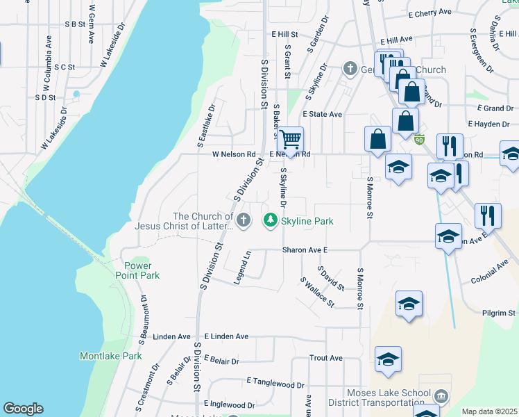 map of restaurants, bars, coffee shops, grocery stores, and more near 1430 South Skyline Drive in Moses Lake