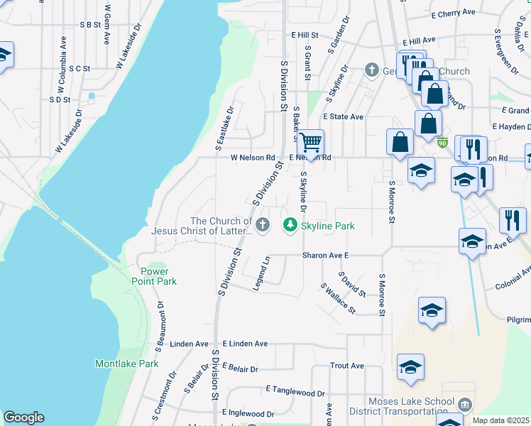 map of restaurants, bars, coffee shops, grocery stores, and more near 1515 South Division Street in Moses Lake