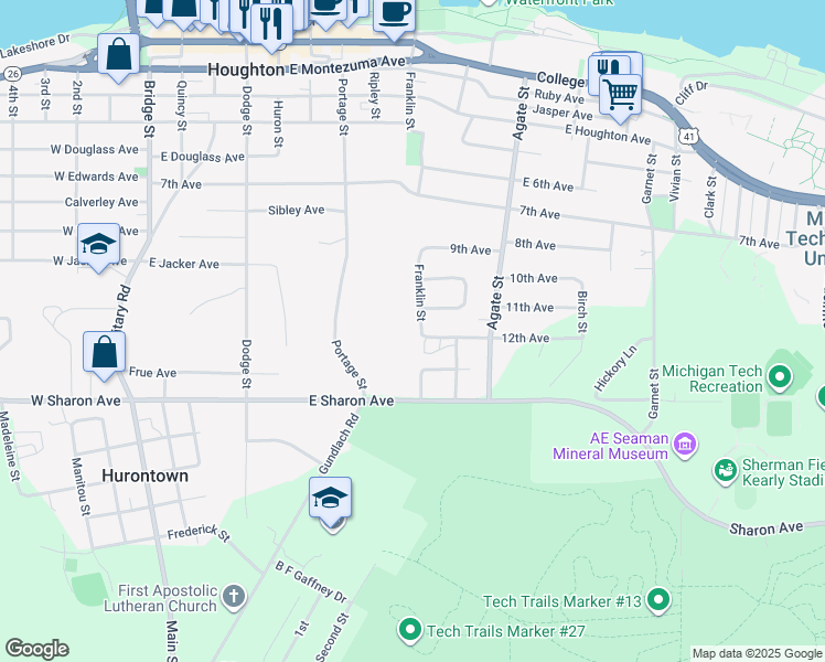 map of restaurants, bars, coffee shops, grocery stores, and more near 1100-1110 Datolite St in Houghton