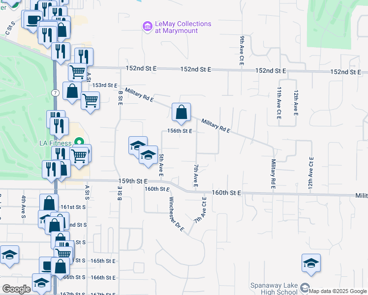 map of restaurants, bars, coffee shops, grocery stores, and more near 606 156th Street East in Tacoma