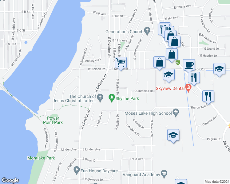map of restaurants, bars, coffee shops, grocery stores, and more near 1424 South Skyline Drive in Moses Lake