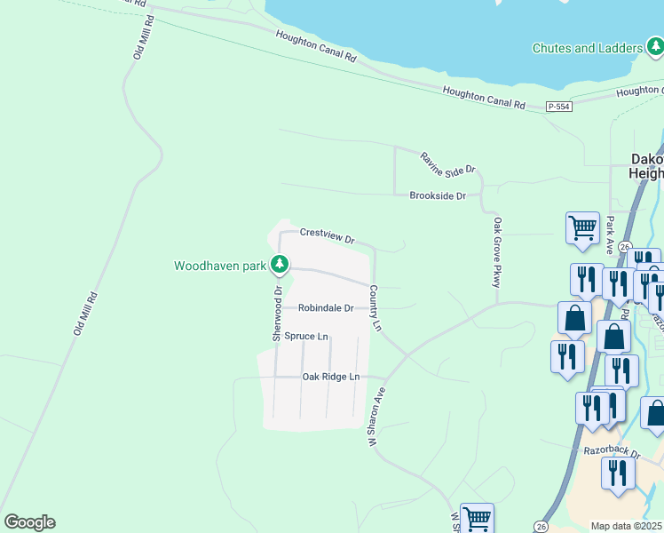 map of restaurants, bars, coffee shops, grocery stores, and more near Crestview Drive in Houghton