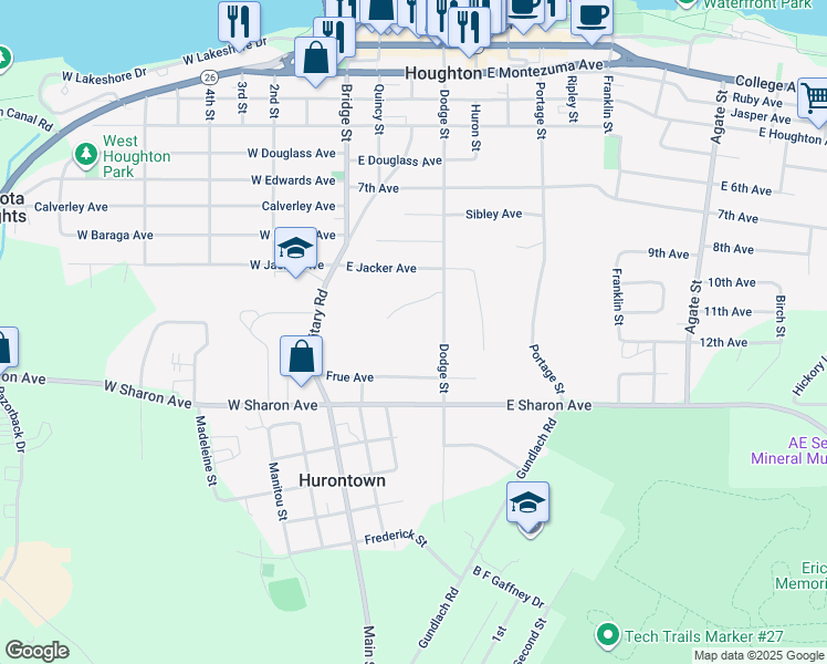 map of restaurants, bars, coffee shops, grocery stores, and more near 920 Dodge Street in Houghton