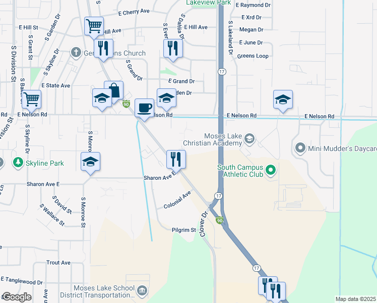 map of restaurants, bars, coffee shops, grocery stores, and more near 1111 East Nelson Road in Moses Lake
