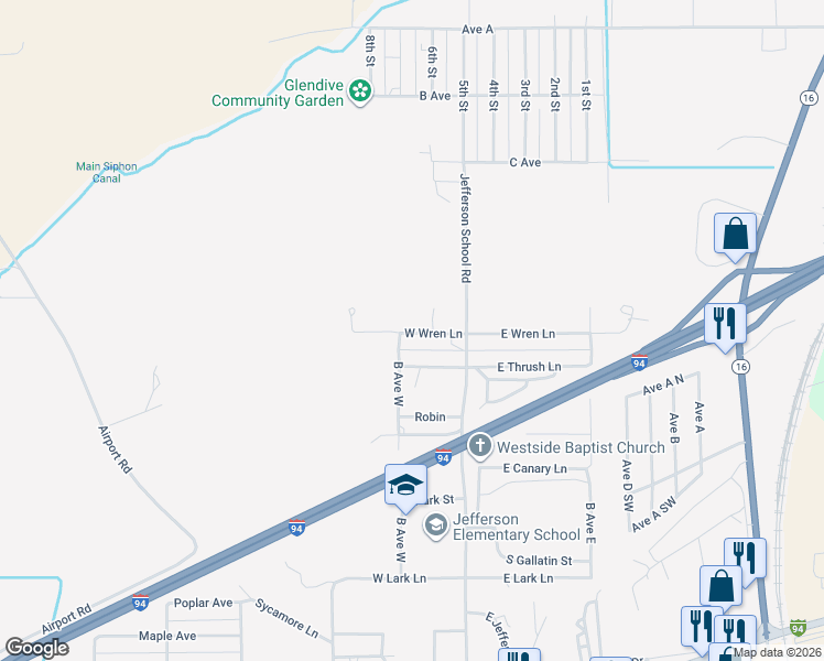 map of restaurants, bars, coffee shops, grocery stores, and more near 712 West Wren Lane in Glendive