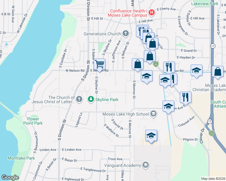 map of restaurants, bars, coffee shops, grocery stores, and more near 1510 South Roberta Street in Moses Lake