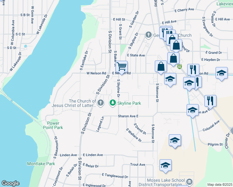 map of restaurants, bars, coffee shops, grocery stores, and more near 1424 South Skyline Drive in Moses Lake