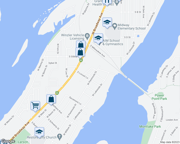 map of restaurants, bars, coffee shops, grocery stores, and more near 1633 West Pheasant Street in Moses Lake