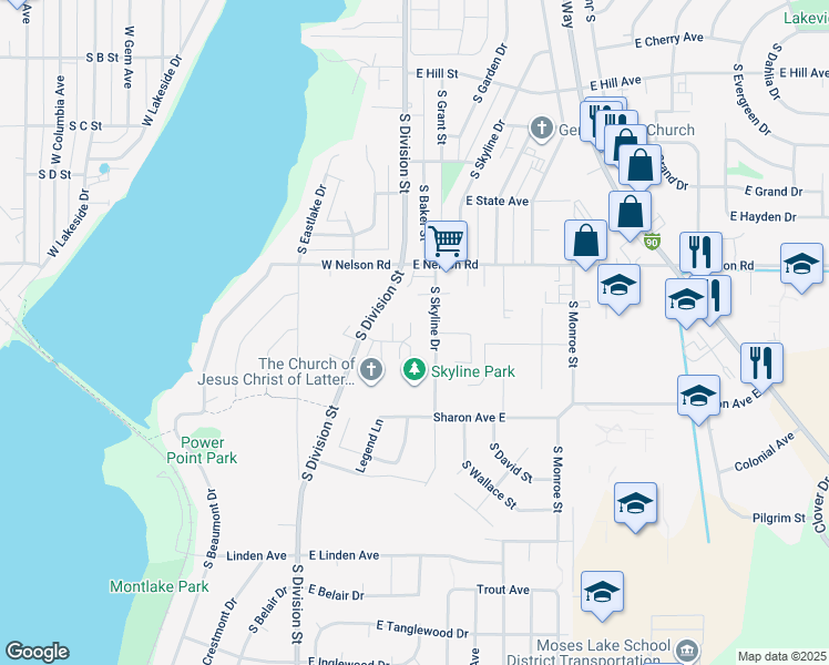 map of restaurants, bars, coffee shops, grocery stores, and more near 1424 South Skyline Drive in Moses Lake