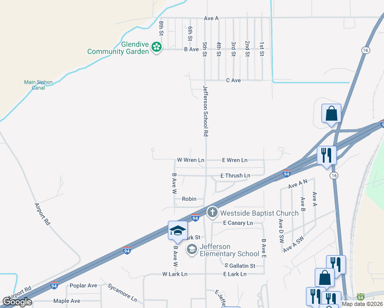 map of restaurants, bars, coffee shops, grocery stores, and more near 712 West Wren Lane in Glendive