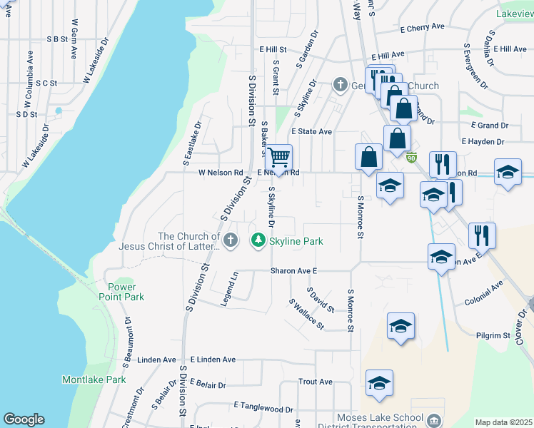 map of restaurants, bars, coffee shops, grocery stores, and more near 1424 South Skyline Drive in Moses Lake