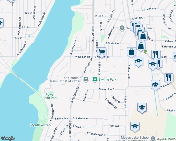 map of restaurants, bars, coffee shops, grocery stores, and more near 102 East Mizzou Court in Moses Lake