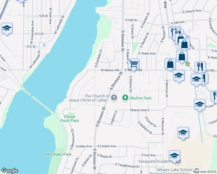 map of restaurants, bars, coffee shops, grocery stores, and more near 1406 South Division Street in Moses Lake