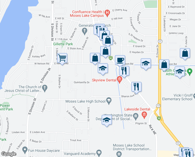 map of restaurants, bars, coffee shops, grocery stores, and more near 1340 Shaker Place in Moses Lake