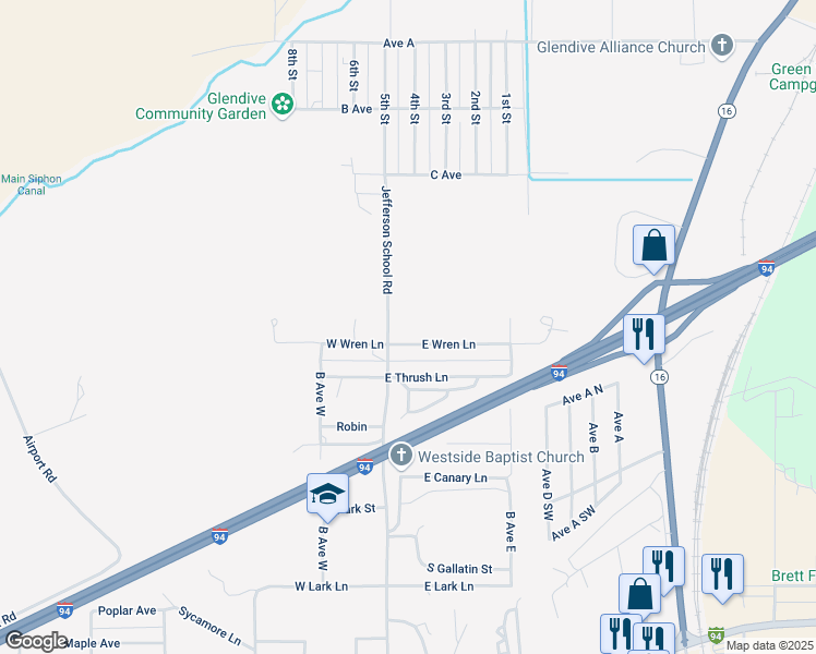 map of restaurants, bars, coffee shops, grocery stores, and more near 371-599 Jefferson School Road in Glendive
