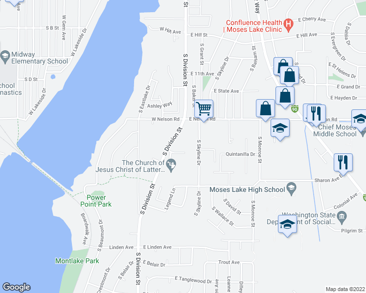 map of restaurants, bars, coffee shops, grocery stores, and more near 106 East Mizzou Court in Moses Lake